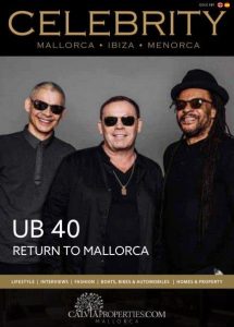 Celebrity Mallorca issue 131 front cover showing a picture of the band UB40. The band members are stood in black clothes wearing black sunglasses.